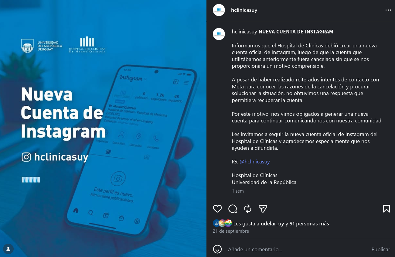 Hospital de Clinicas pierde su cuenta de instagram